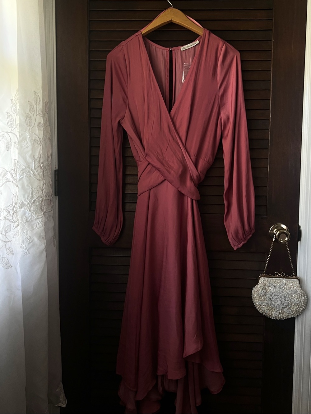 Wrapped Long-Sleeve Midi Dress in Mauve
